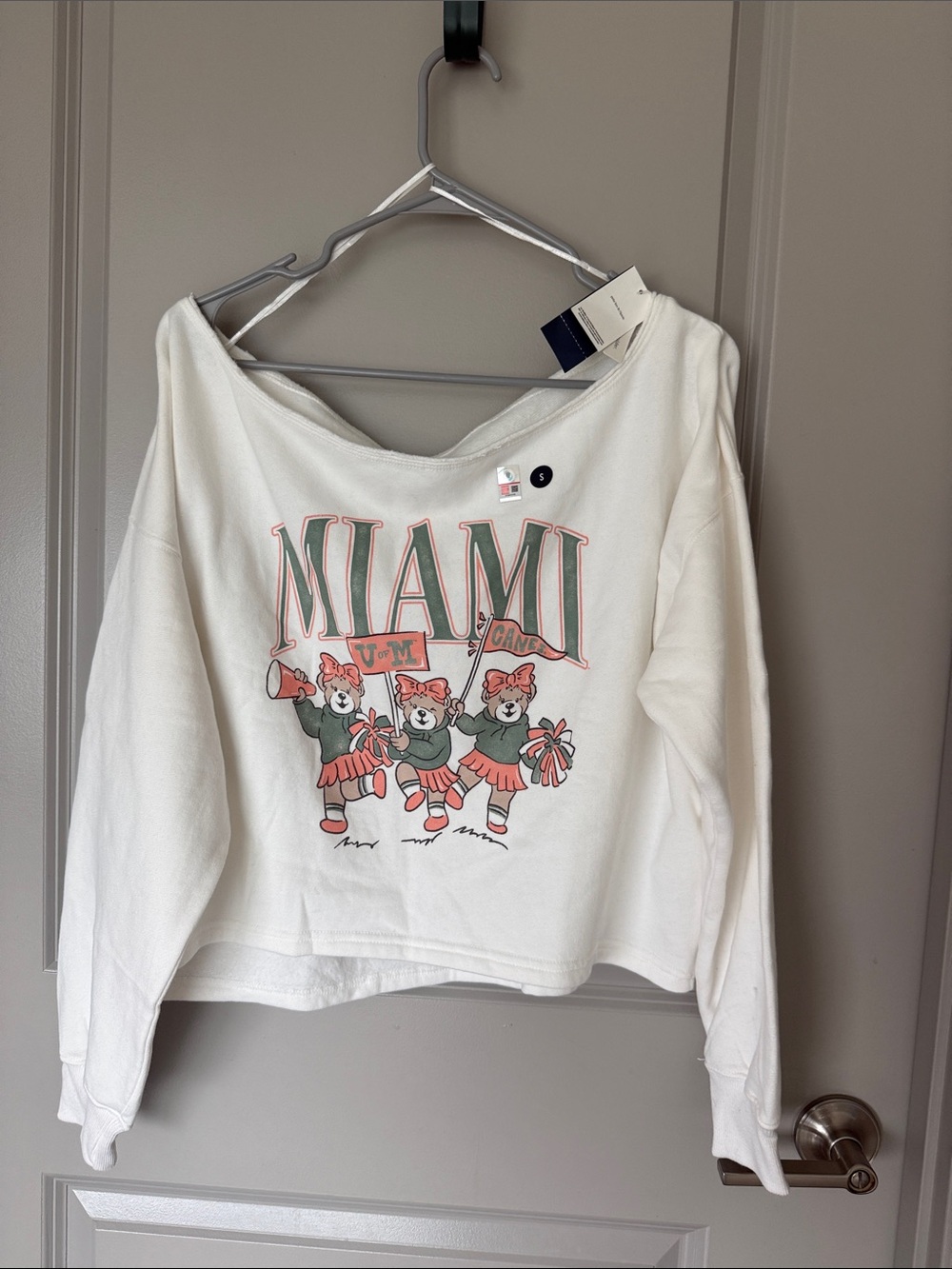 NWT SIZE S Hollister Cream Cropped Sweatshirt with Coral and Green Graphic